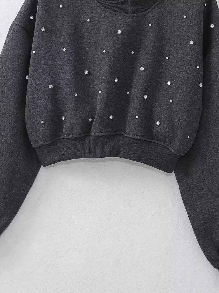 Autumn Women Clothing Sense Jewelry Inlaid Washed Short Sweatshirt