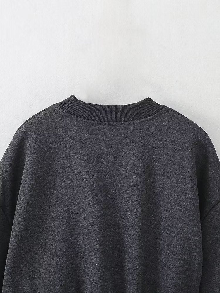 Autumn Women Clothing Sense Jewelry Inlaid Washed Short Sweatshirt - ALZO