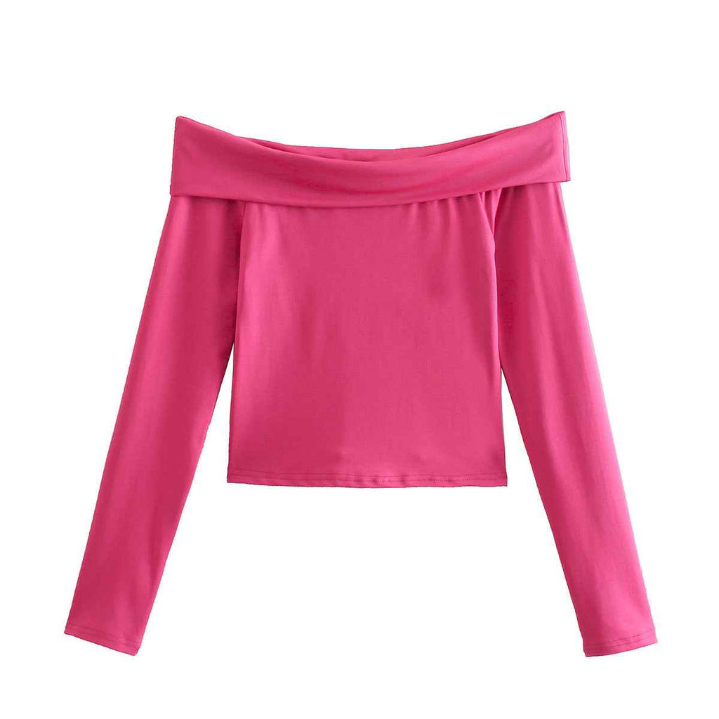 Spring Flip Sexy off Shoulder Long Sleeve T shirt Women Solid Color Slim Fit Crop Top