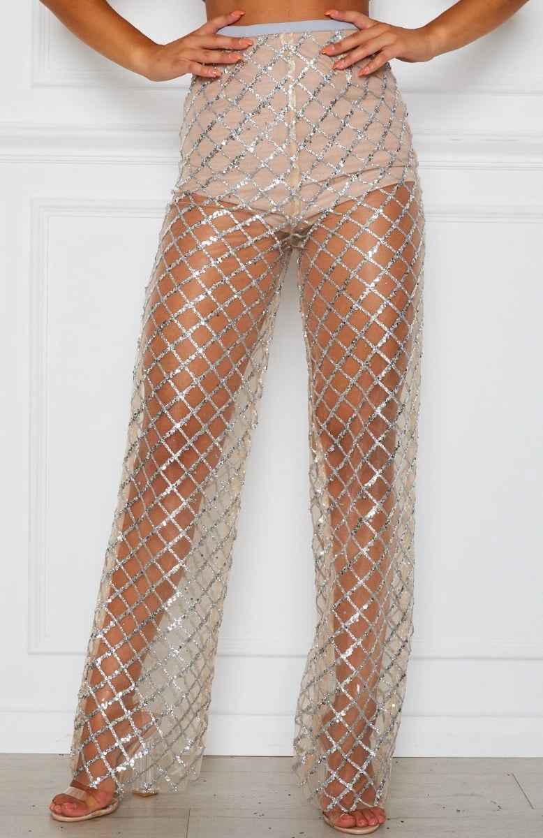Sexy High Waist Perspective Hollow Out Cutout Gold Silk Mesh Sunscreen Pants Trousers for Women