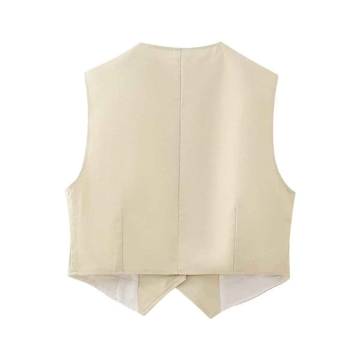 Women Clothing French Cotton Linen Two Piece Suit Slim Fit Sleeveless Waistcoat Vest High Waist Casual Shorts