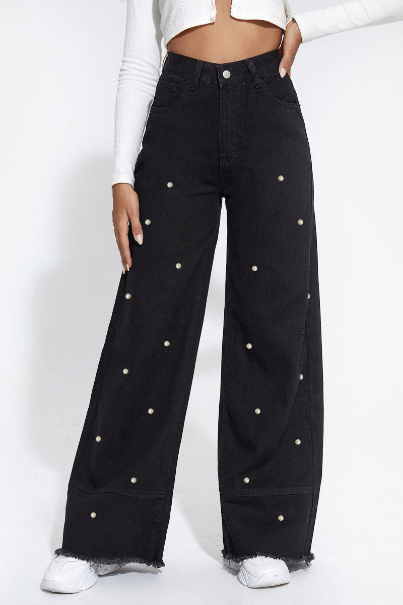 Spring Summer Pearl Pants Black Rough Edges Stitching Tassel Wide Leg Jeans - ALZO