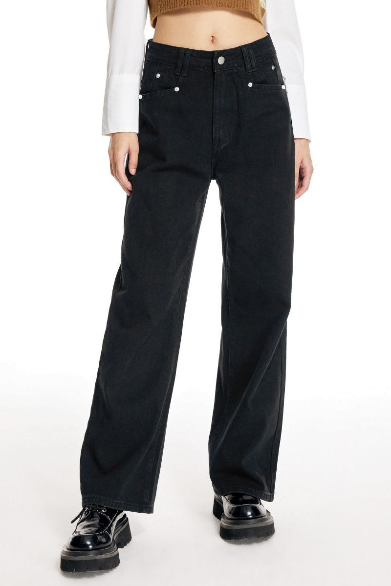 Black Leg Jeans Loose Straight High Waist Women Casual Pants Jeans - ALZO