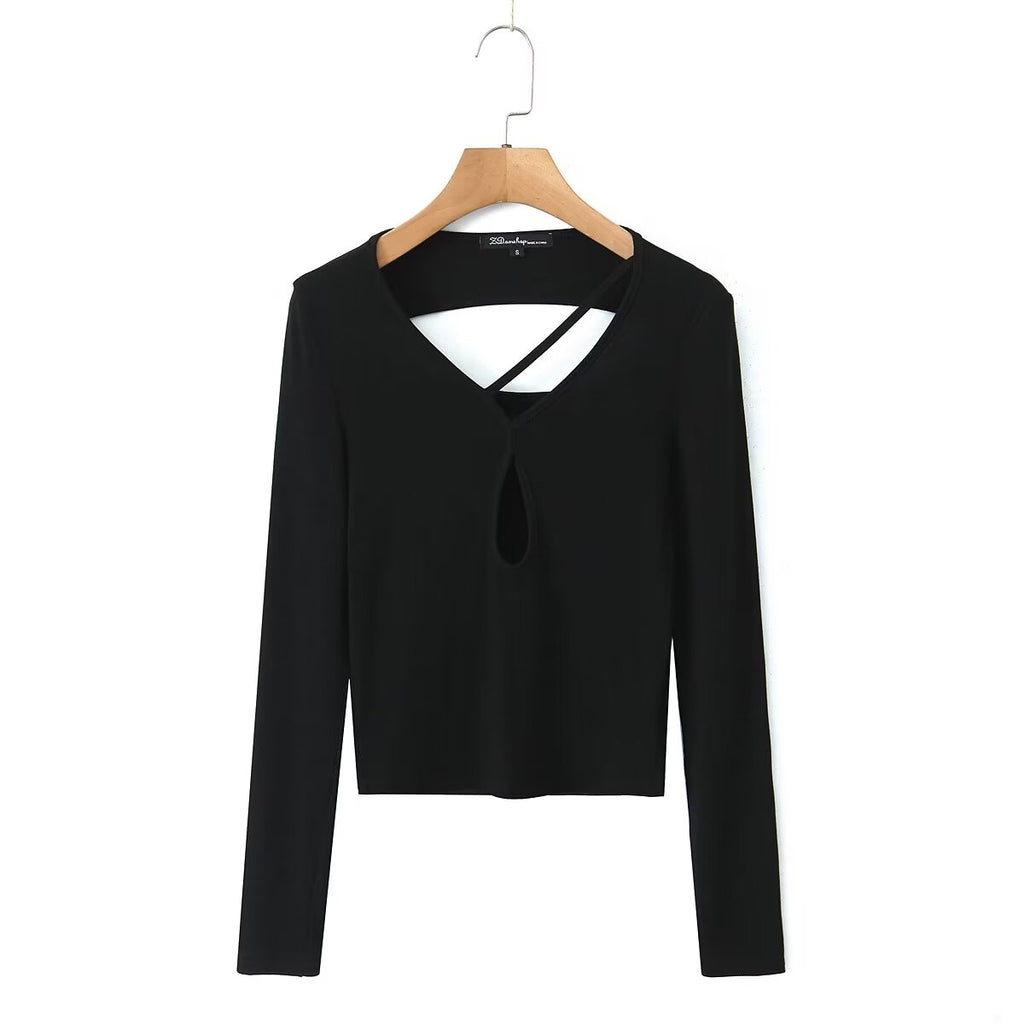 Spring Ice Silk Personalized Sexy Slim Short Slimming Knitted Top Long Sleeve T shirt - ALZO
