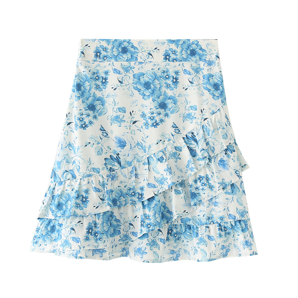 Summer Women Clothing French Casual Lotus Leaf Printed Skirt - ALZO