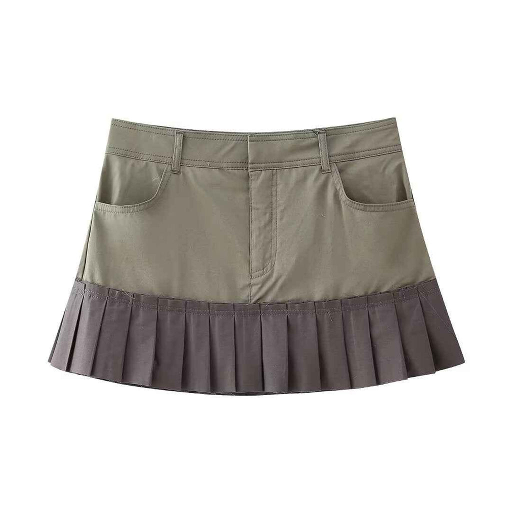 Women Clothing Slim Army Green Pleated Skirt