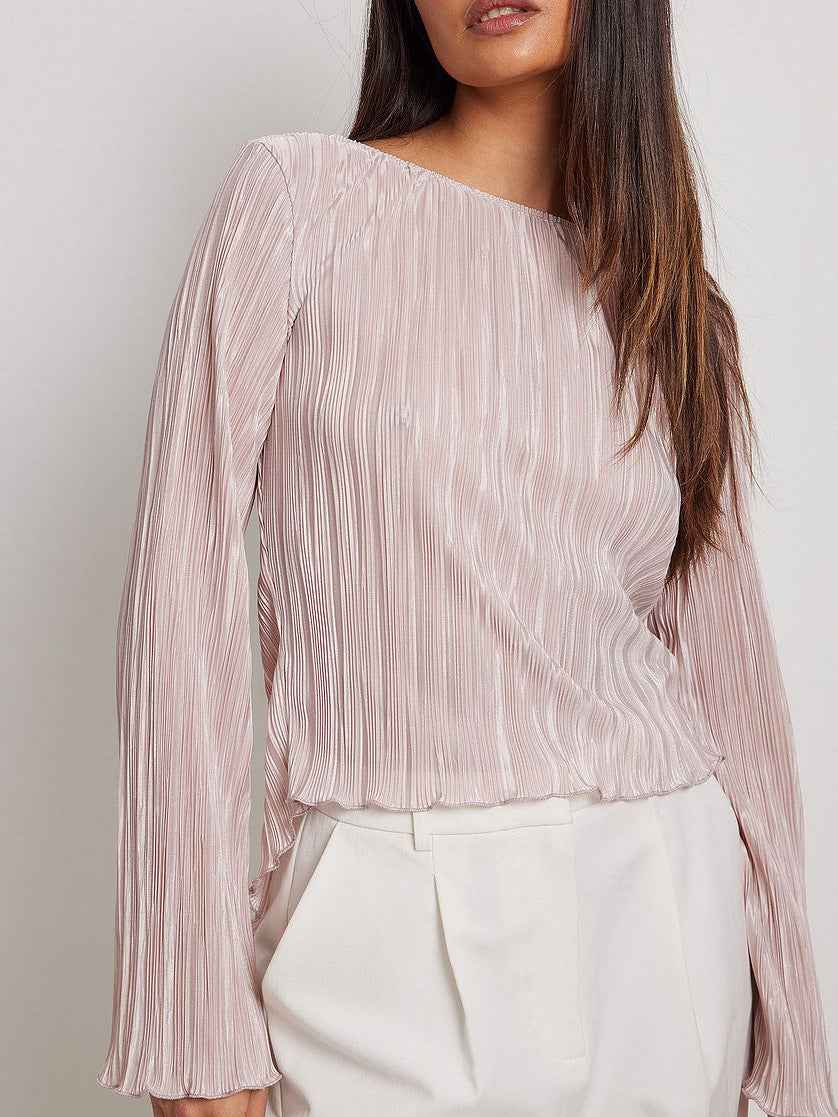 Pleated Shirt Women Summer Elegance Slim Fit Flared Sleeves Back Lace up Short Shirt