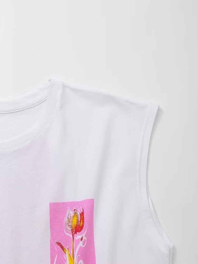 Summer Women Clothing Stylish Simple round Neck Sleeveless Printed T shirt