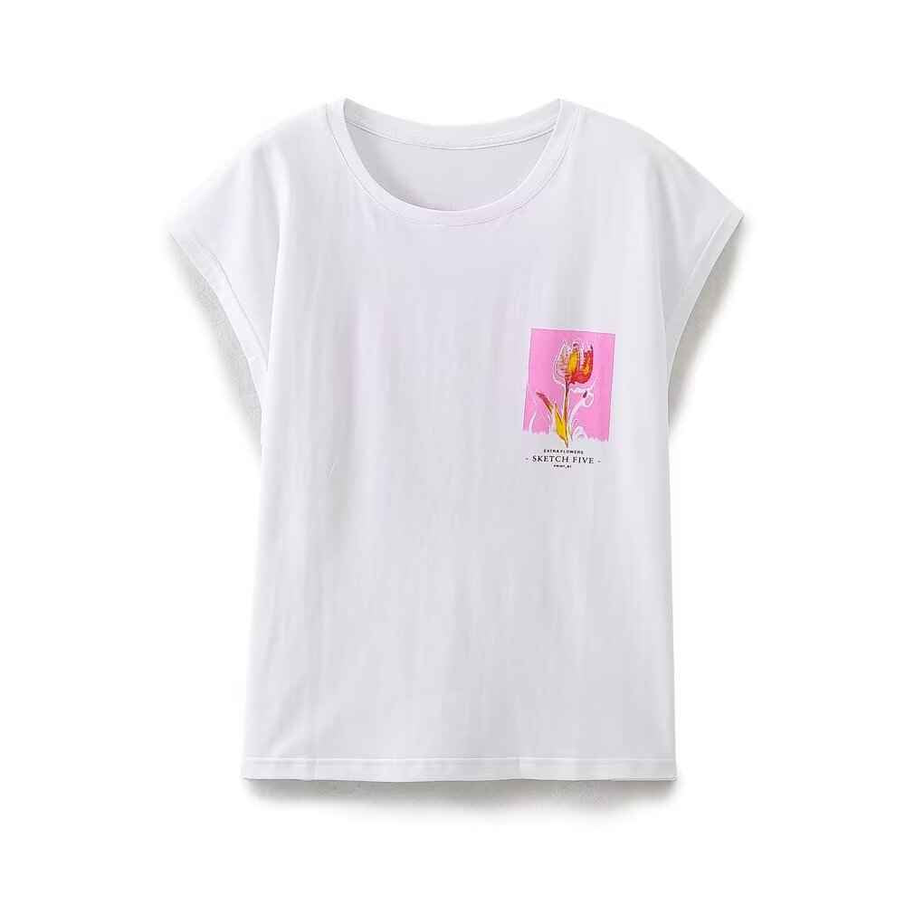 Summer Women Clothing Stylish Simple round Neck Sleeveless Printed T shirt