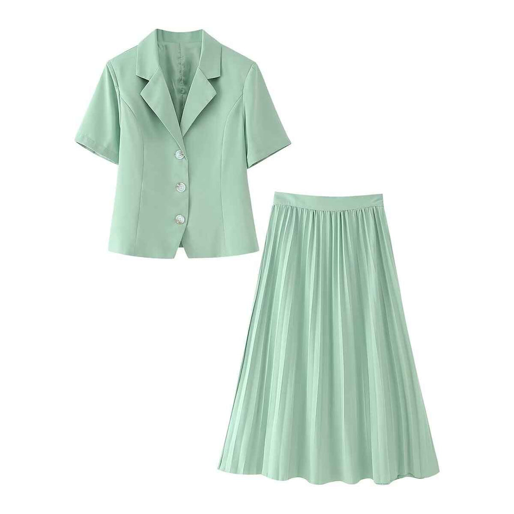 Collared Single Breasted Short Sleeve Top High Waist Pleated Skirt Set