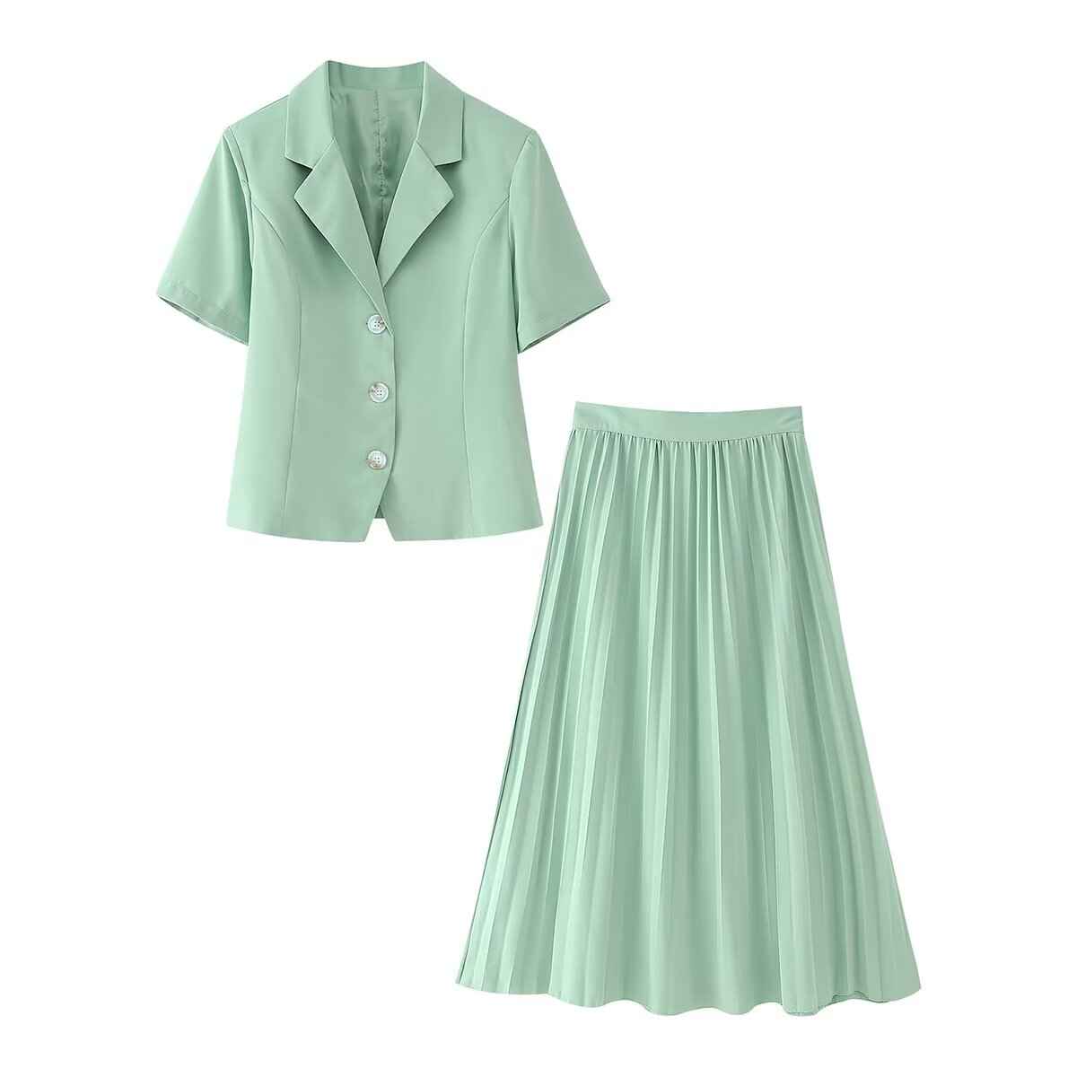 Collared Single Breasted Short Sleeve Top High Waist Pleated Skirt Set