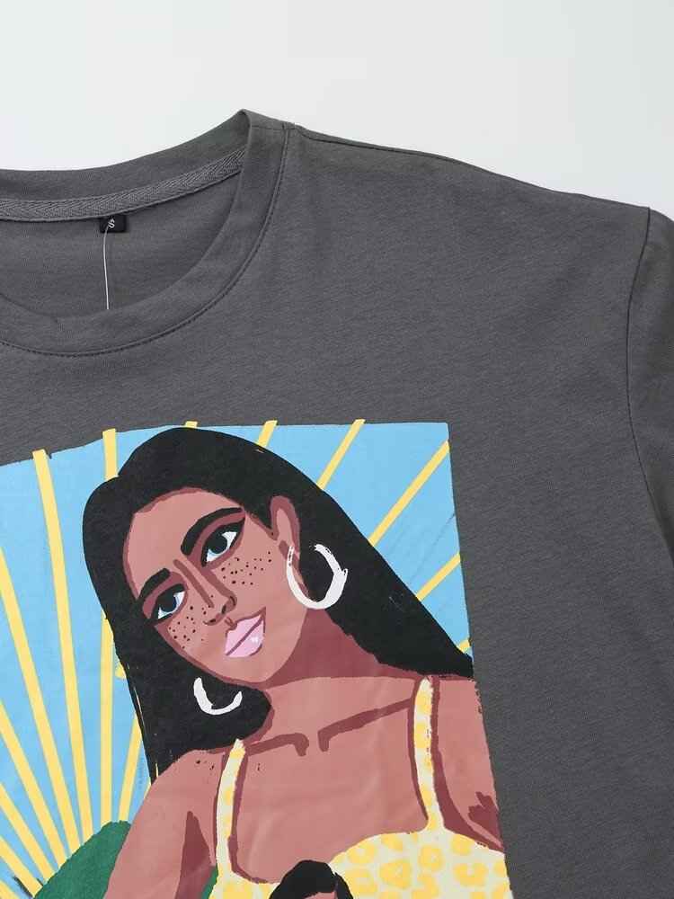 Women Printing Washing Effect round Neck Short Sleeve T shirt