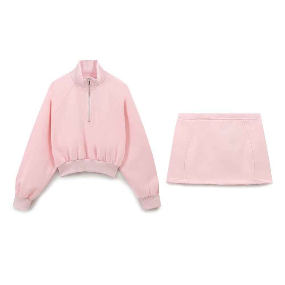 Autumn Women Zipper Ornament Flannel Sweatshirt Skirt Sets