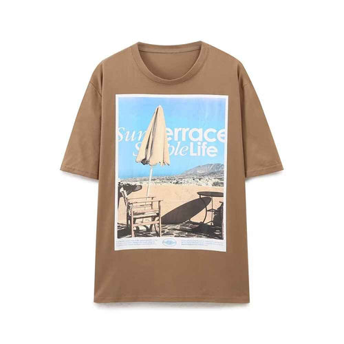 Abstract Landscape Photo Print round Neck Brown Short Sleeve T shirt