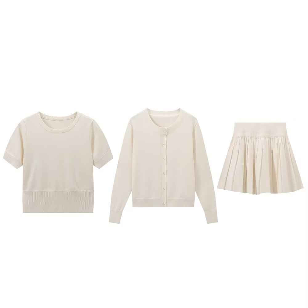 Round Neck Knitted Cardigan Short Sleeve Small Top Anti Exposure Half Length Pleated Three Piece Skirt Sets