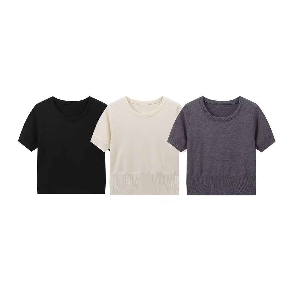 Round Neck Knitted Cardigan Short Sleeve Small Top Anti Exposure Half Length Pleated Three Piece Skirt Sets