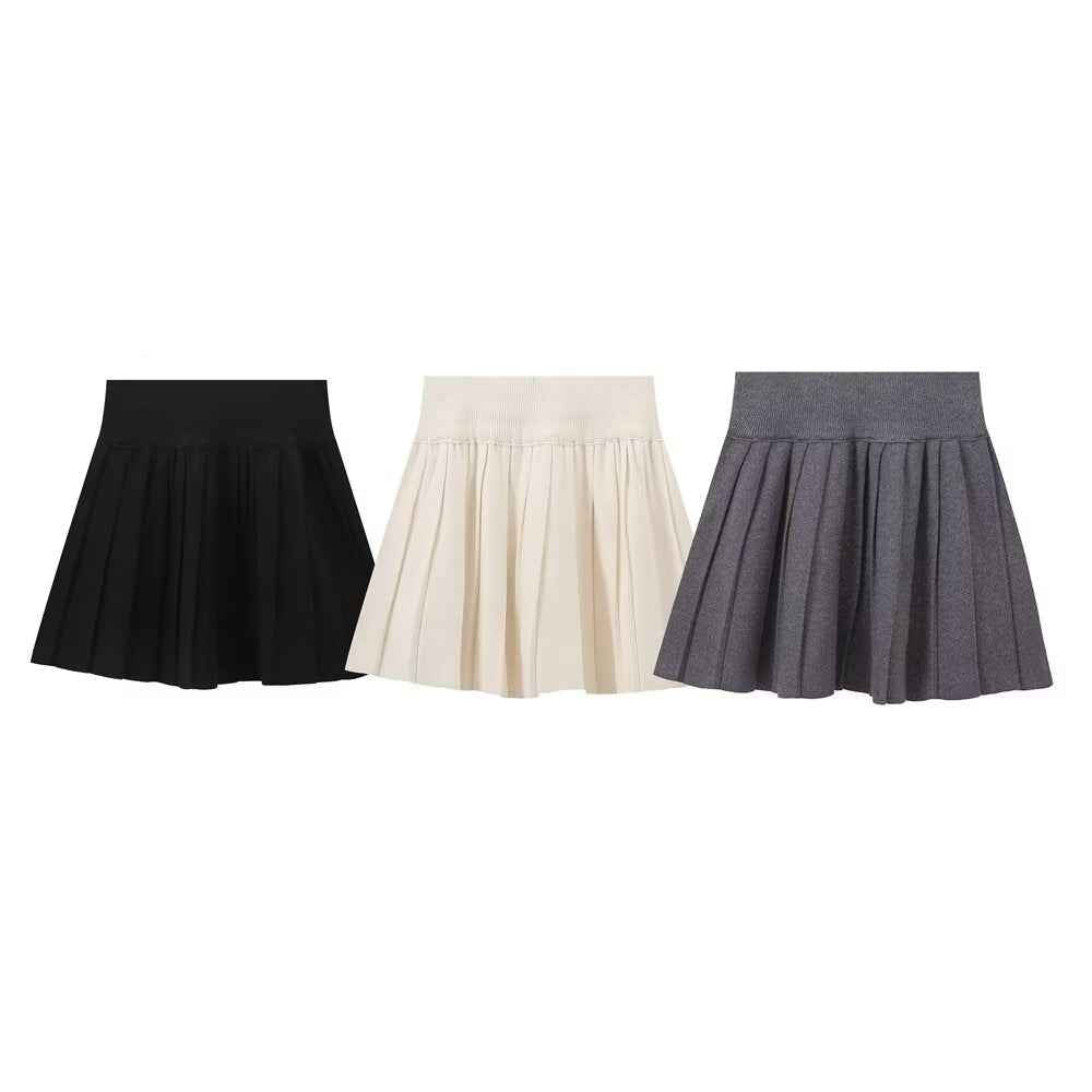 Round Neck Knitted Cardigan Short Sleeve Small Top Anti Exposure Half Length Pleated Three Piece Skirt Sets