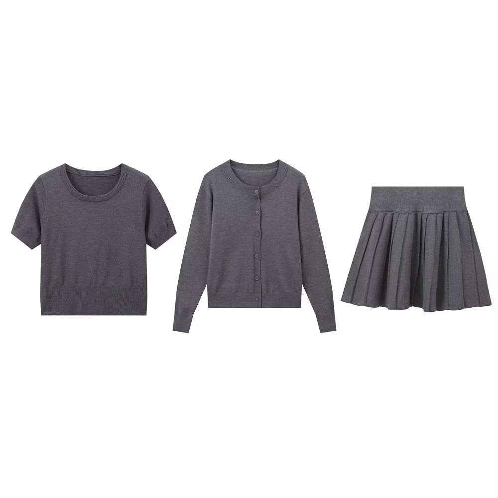 Round Neck Knitted Cardigan Short Sleeve Small Top Anti Exposure Half Length Pleated Three Piece Skirt Sets