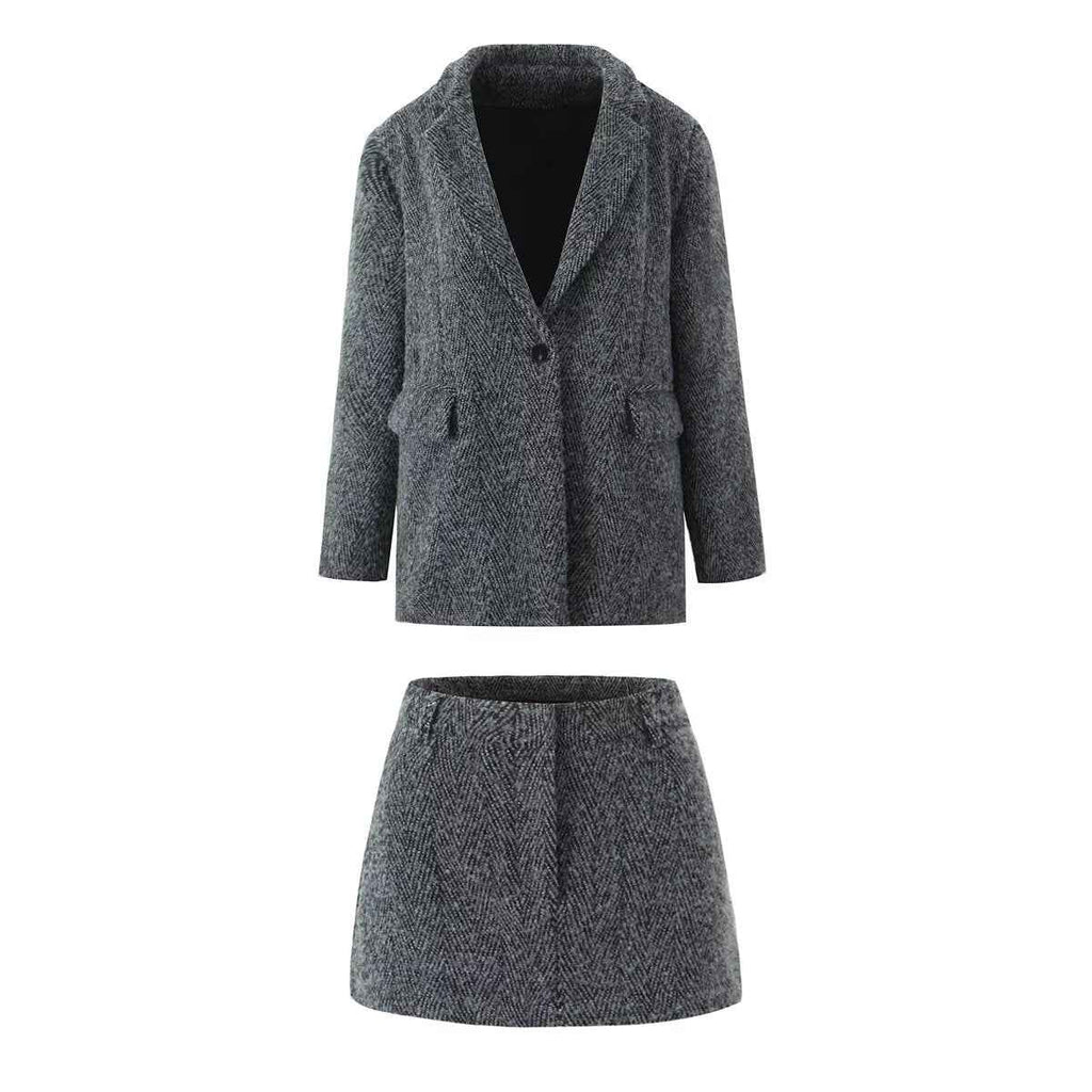 Autumn Winter Two Colors Woolen Coat A line High Waist Skirt Set