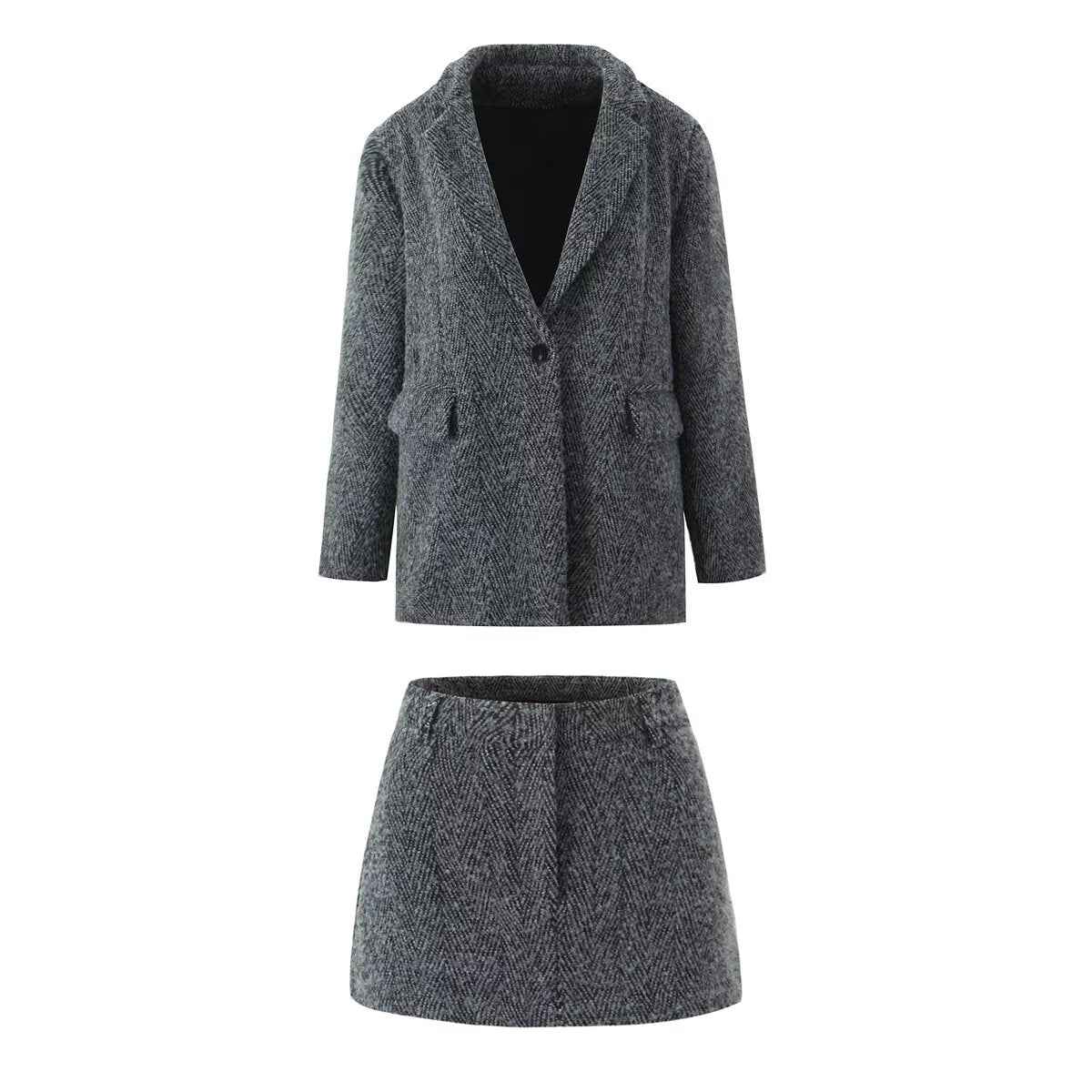 Autumn Winter Two Colors Woolen Coat A line High Waist Skirt Set