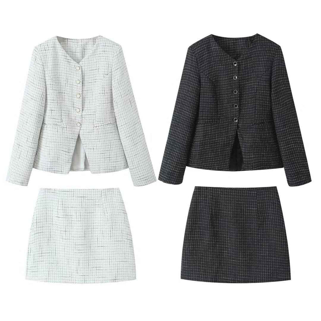 Fall Tweed Plaid Waist Tight Blazer High Waist Skirt Women Clothing