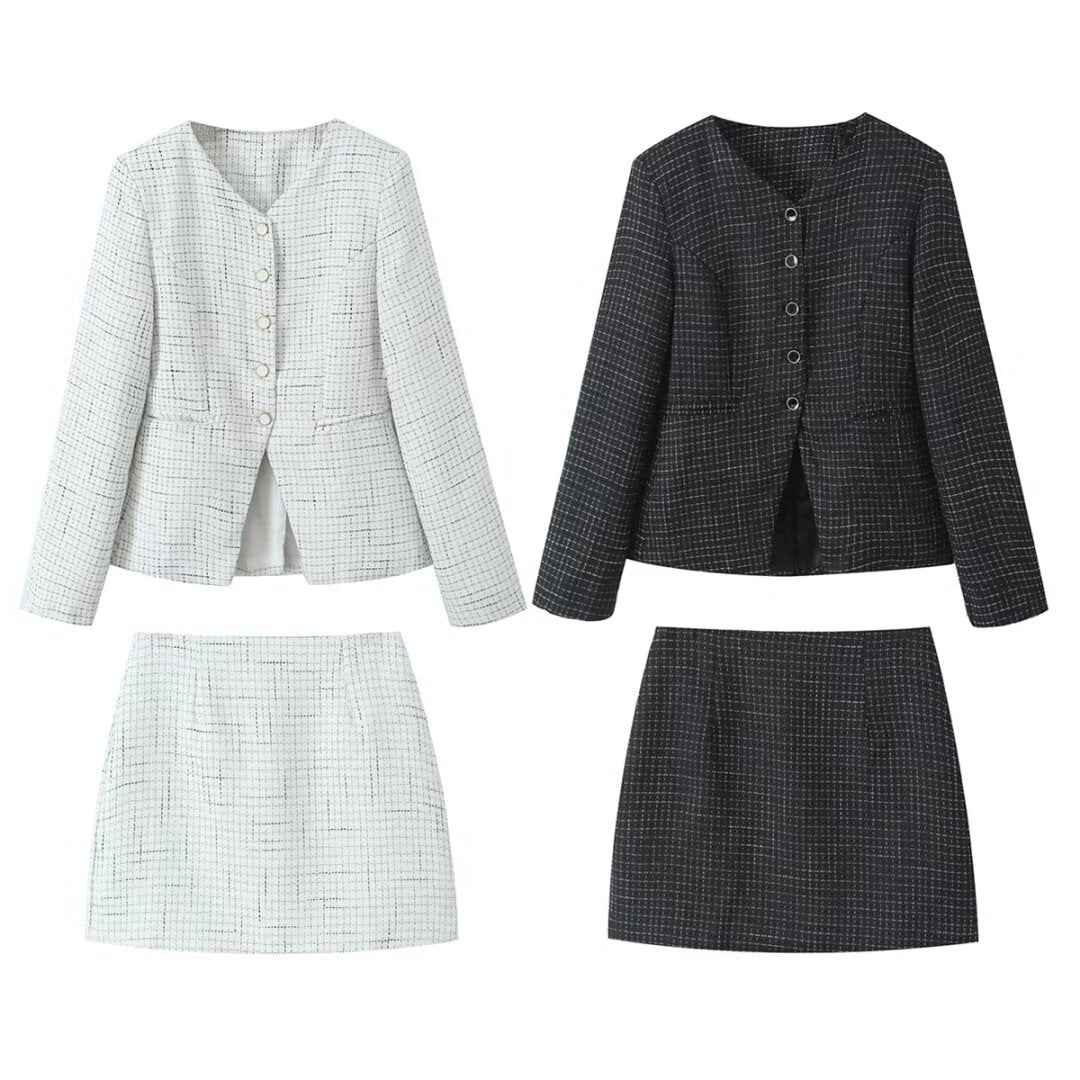 Fall Tweed Plaid Waist Tight Blazer High Waist Skirt Women Clothing