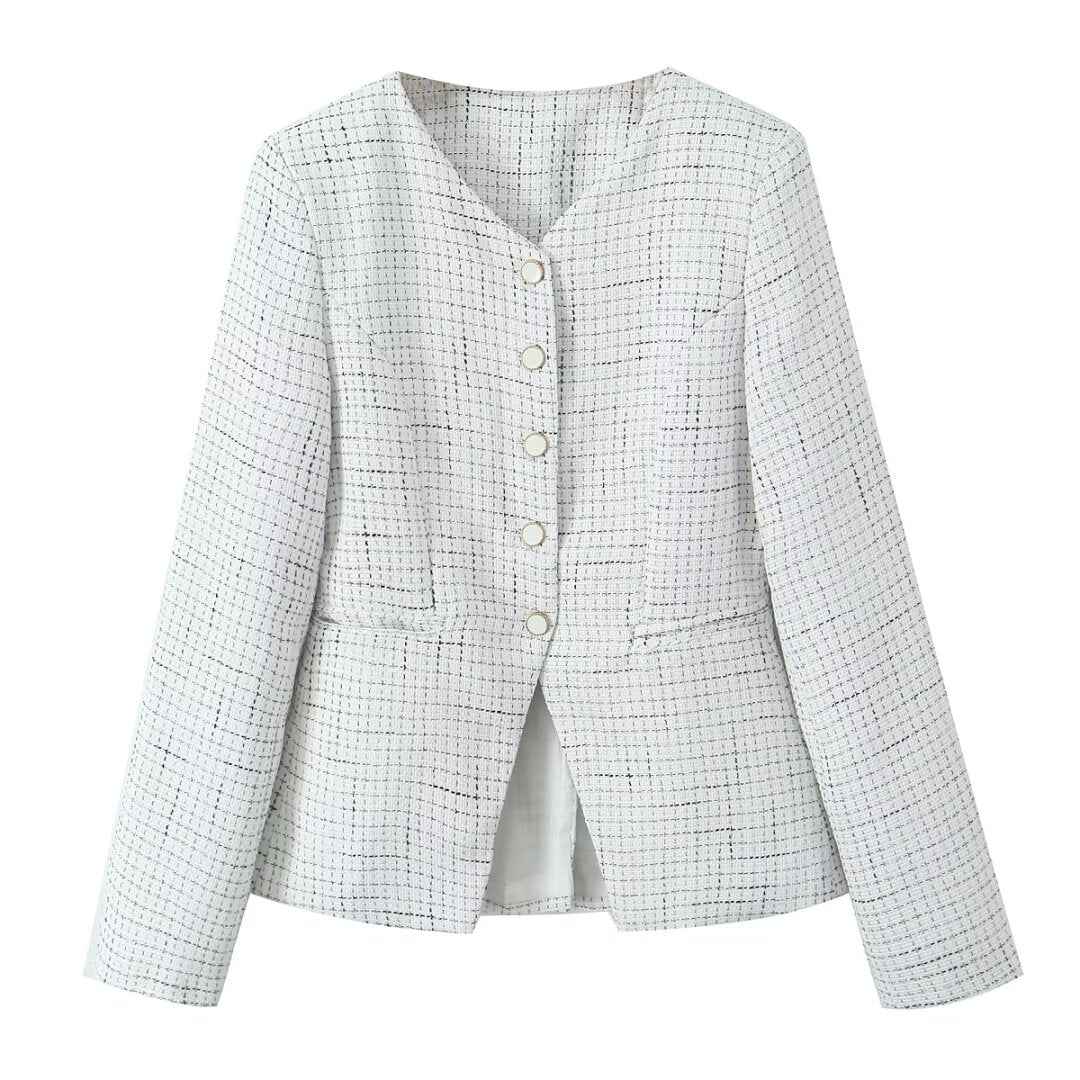 Fall Tweed Plaid Waist Tight Blazer High Waist Skirt Women Clothing