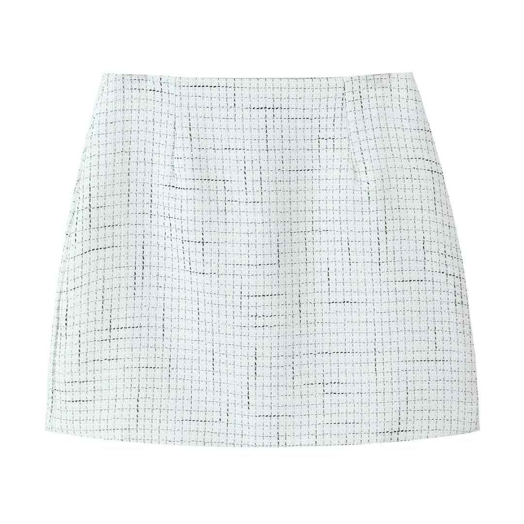 Fall Tweed Plaid Waist Tight Blazer High Waist Skirt Women Clothing