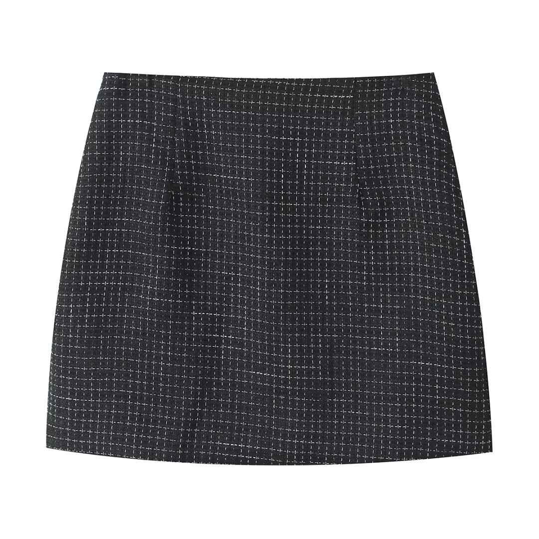 Fall Tweed Plaid Waist Tight Blazer High Waist Skirt Women Clothing