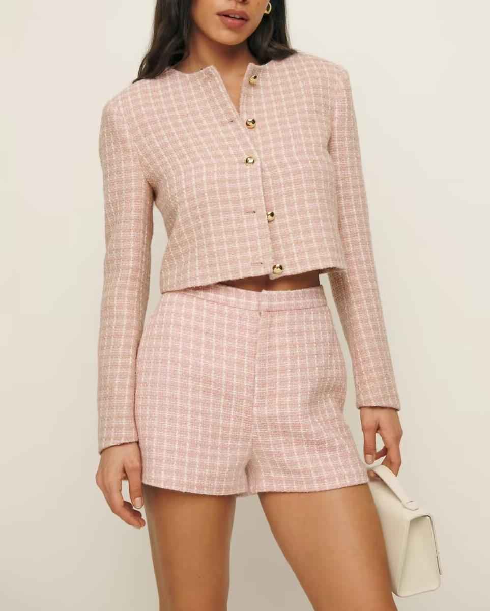 Fall French Classic Tweed Plaid Coat High Waist Shorts Sweet Two Piece Set