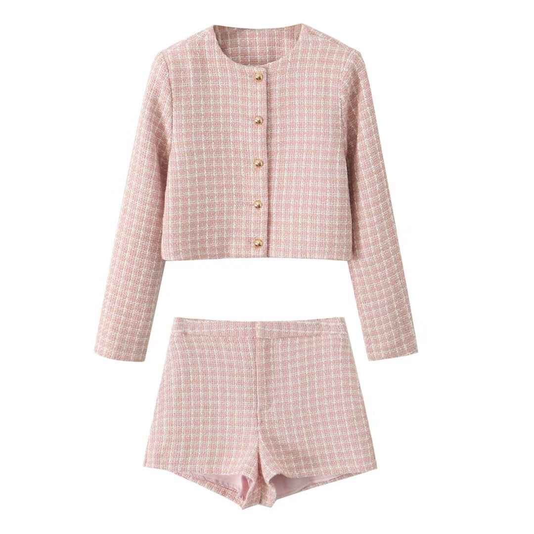 Fall French Classic Tweed Plaid Coat High Waist Shorts Sweet Two Piece Set