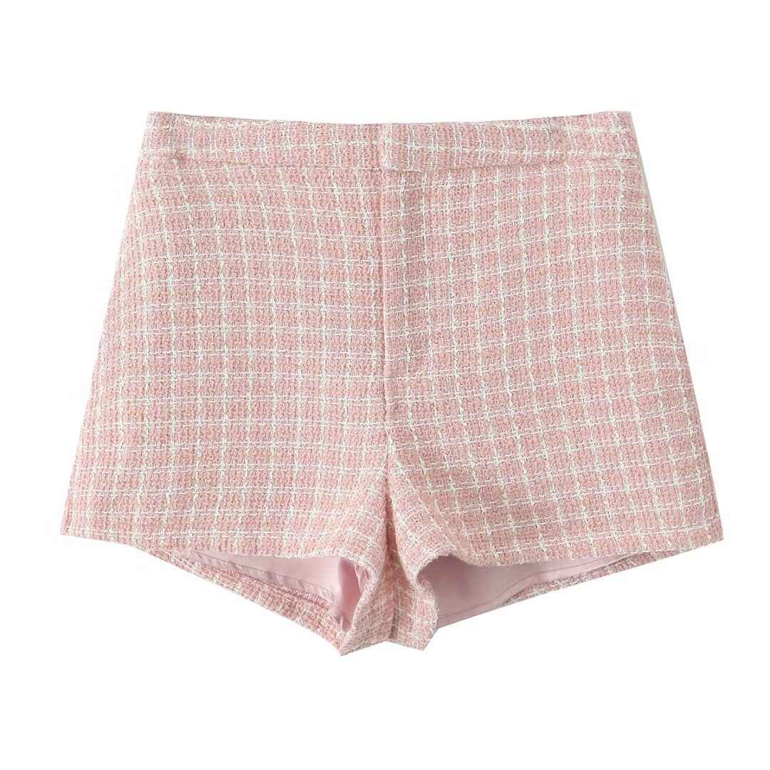 Fall French Classic Tweed Plaid Coat High Waist Shorts Sweet Two Piece Set