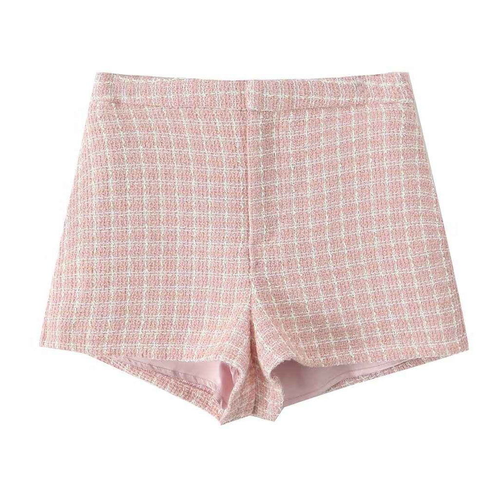 Fall French Classic Tweed Plaid Coat High Waist Shorts Sweet Two Piece Set