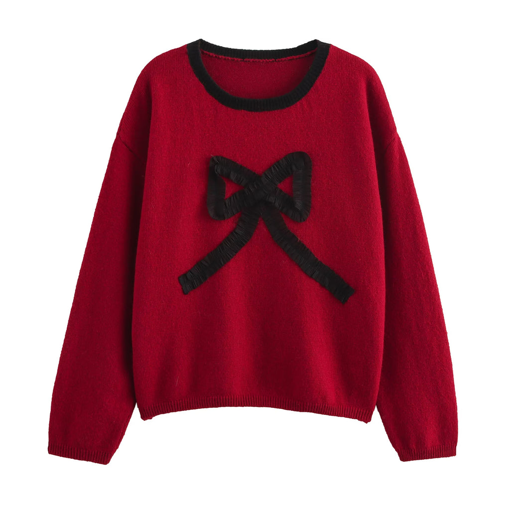 Women Three Dimensional Bow round Neck Contrast Color Pullover Knitted Sweater - ALZO