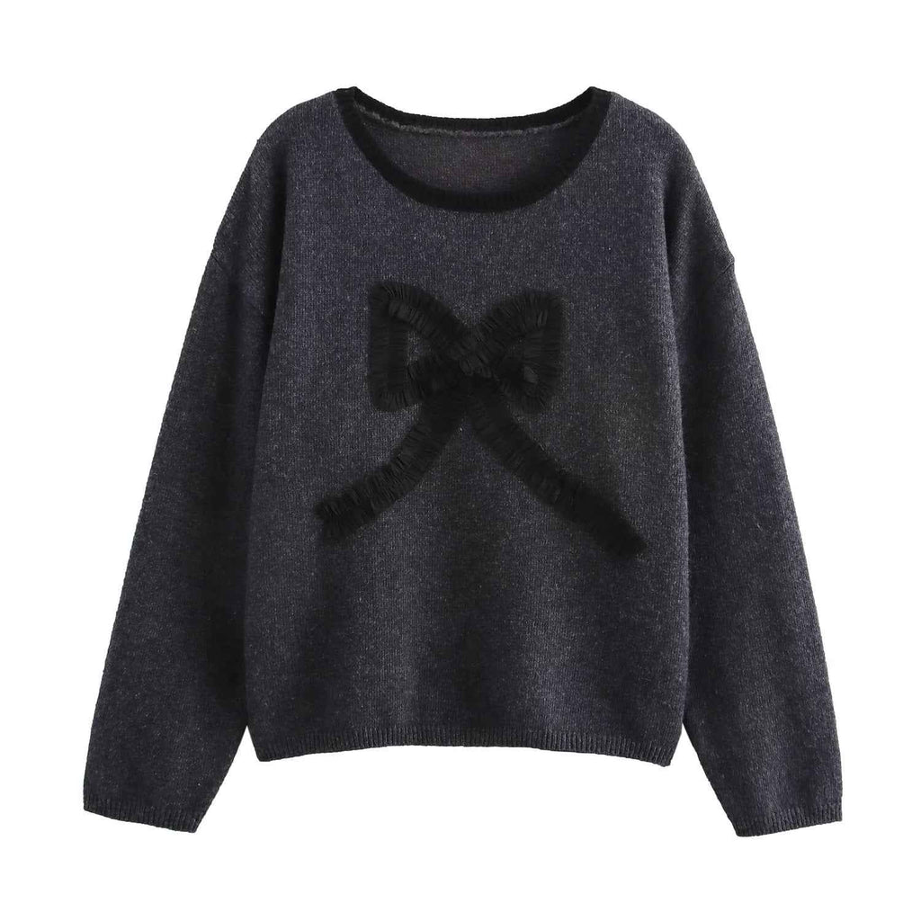 Women Three Dimensional Bow round Neck Contrast Color Pullover Knitted Sweater