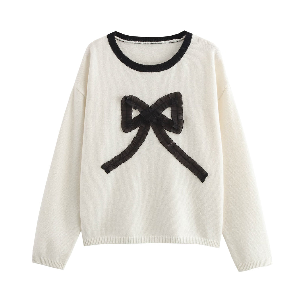 Women Three Dimensional Bow round Neck Contrast Color Pullover Knitted Sweater - ALZO