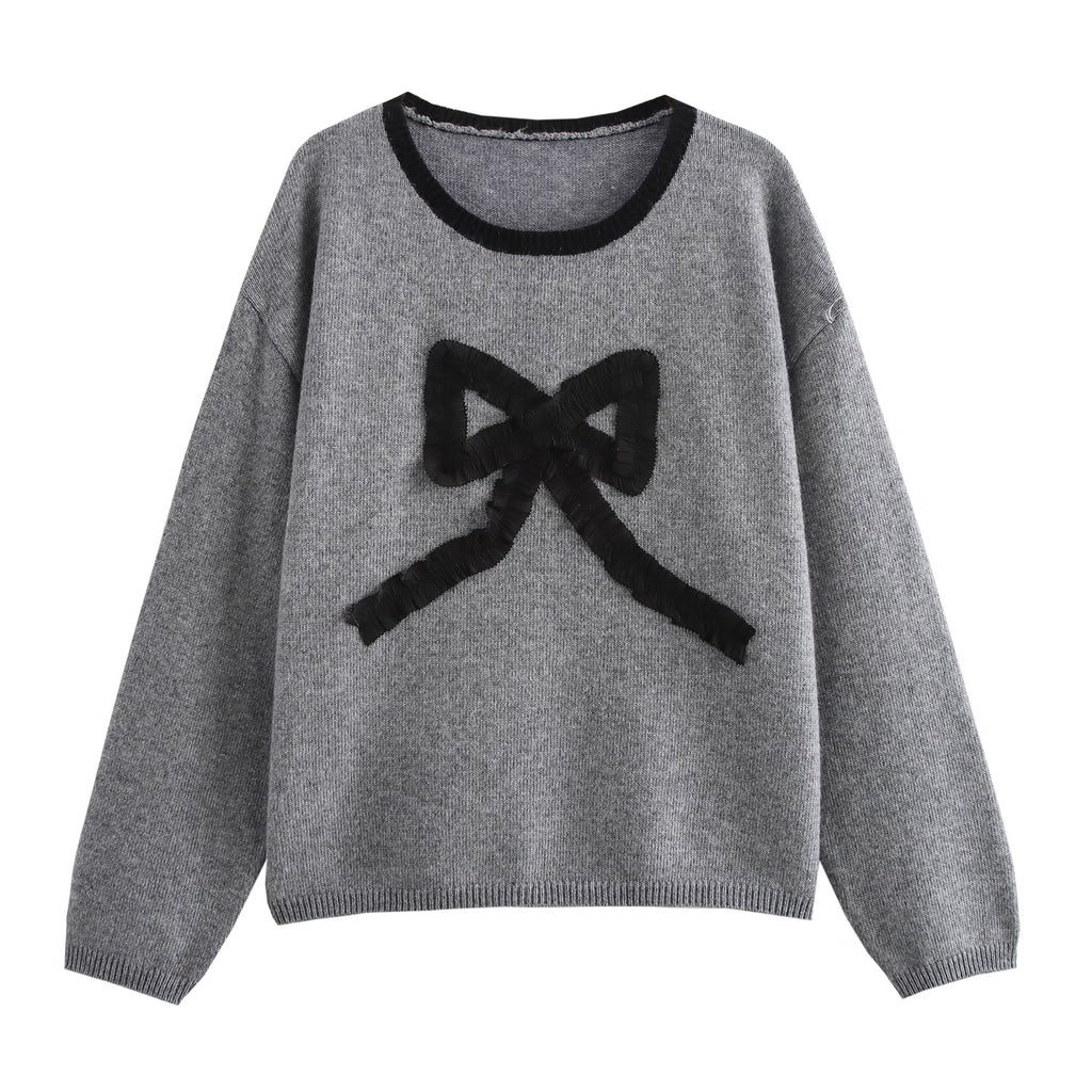 Women Three Dimensional Bow round Neck Contrast Color Pullover Knitted Sweater - ALZO