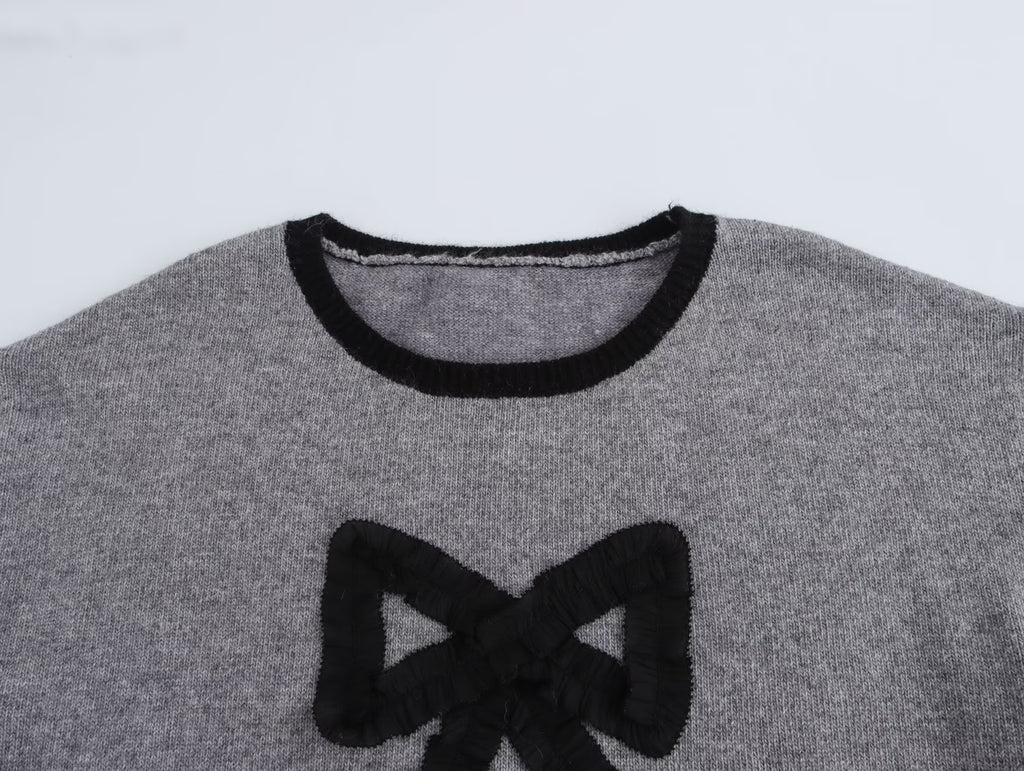 Women Three Dimensional Bow round Neck Contrast Color Pullover Knitted Sweater - ALZO