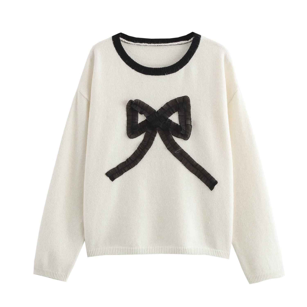 Women Three Dimensional Bow round Neck Contrast Color Pullover Knitted Sweater