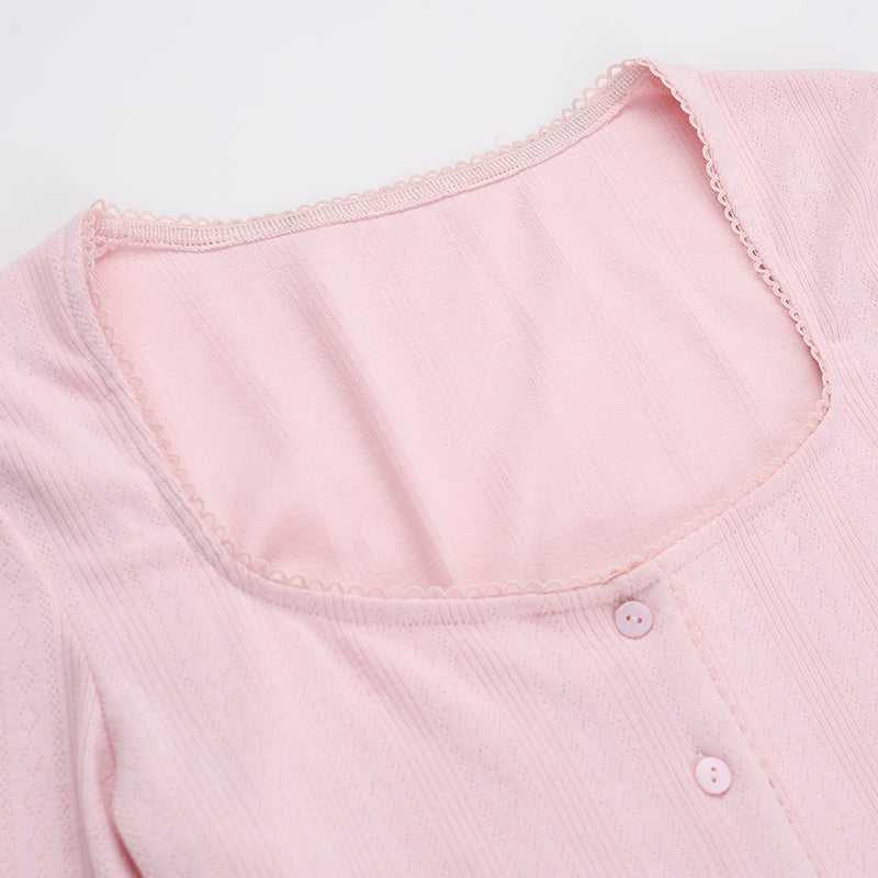 Retro Simple Casual All Match Square Collar Top Women Comfortable Solid Color Button Cardigan Long Sleeve - ALZO
