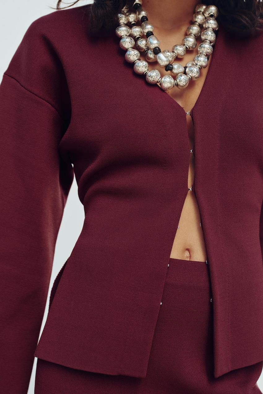 Women Clothing V neck Long Sleeve Simple Knitting Slim Jacket Plain Stitch Mini Skirt - ALZO