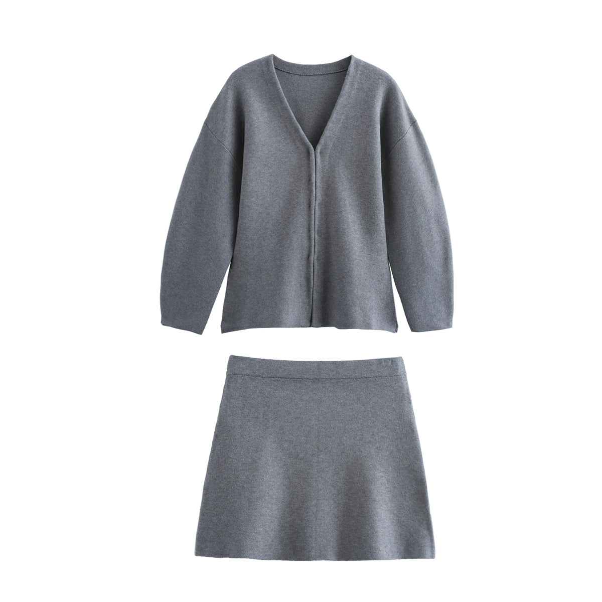 Women Clothing V neck Long Sleeve Simple Knitting Slim Jacket Plain Stitch Mini Skirt - ALZO