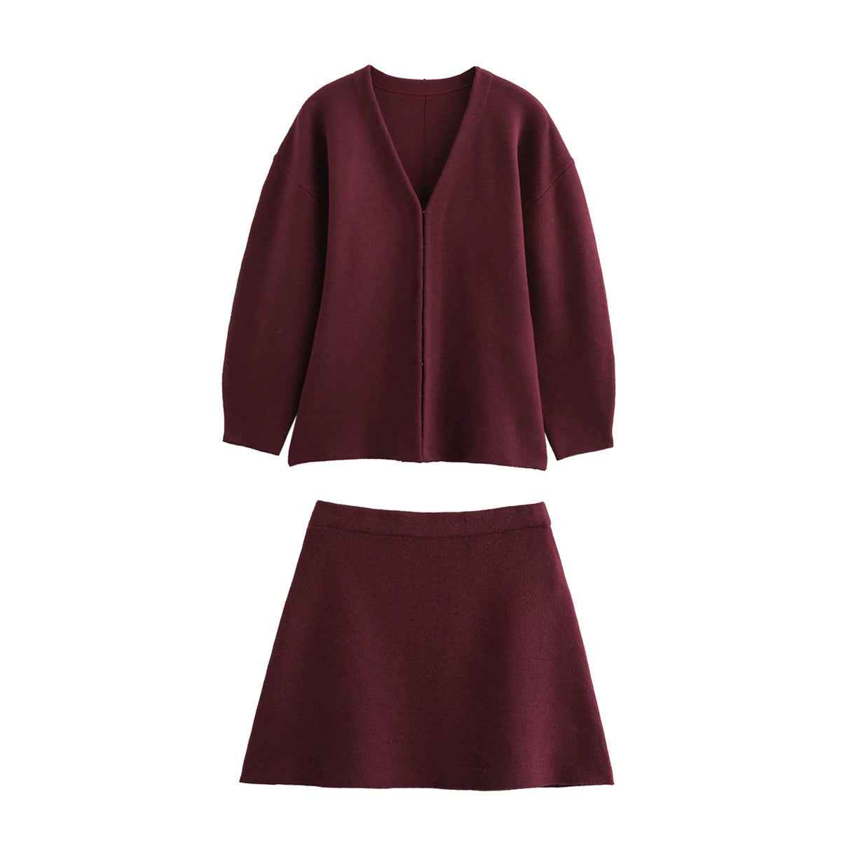 Women Clothing V neck Long Sleeve Simple Knitting Slim Jacket Plain Stitch Mini Skirt
