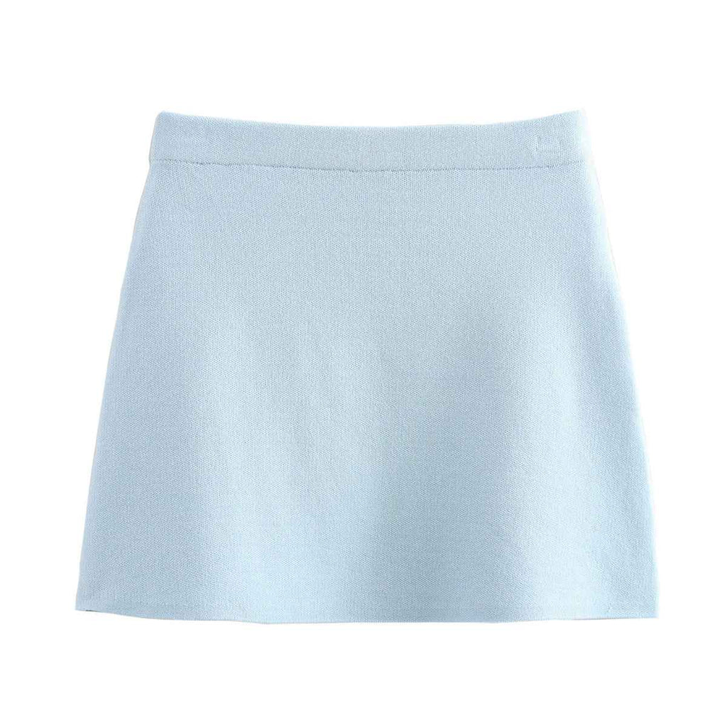 Women Clothing V neck Long Sleeve Simple Knitting Slim Jacket Plain Stitch Mini Skirt