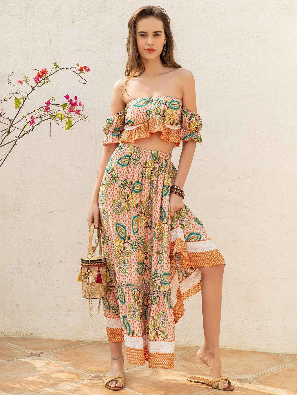 Bohemian Women off Shoulder Top Skirt Set Colorful Floral Leaf Printed Elegant