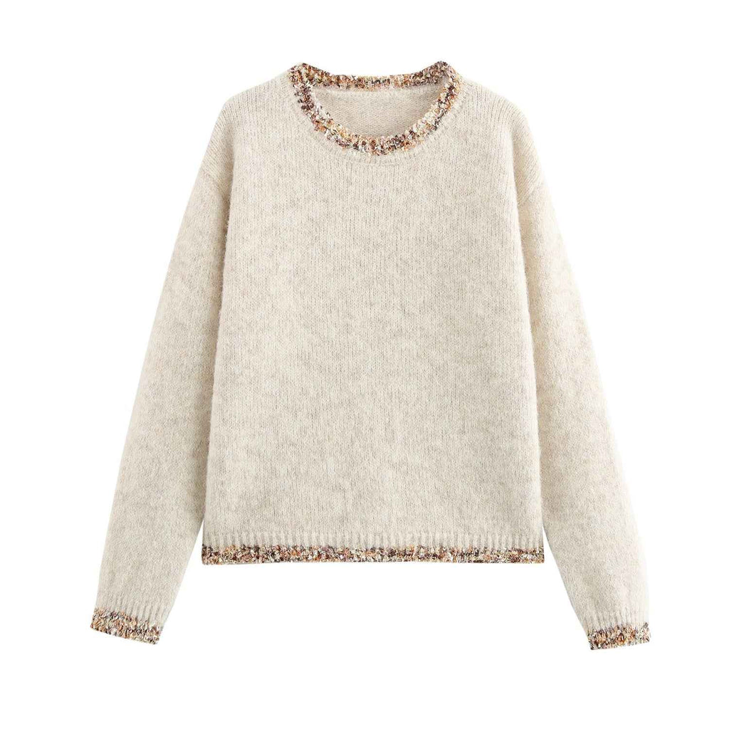 Winter Women Clothing Simple Lacework round Neck Long Sleeve Knitted Pullover Sweater