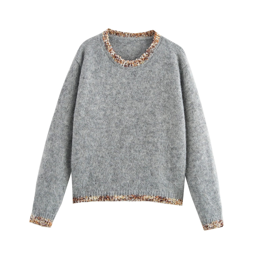 Winter Women Clothing Simple Lacework round Neck Long Sleeve Knitted Pullover Sweater - ALZO