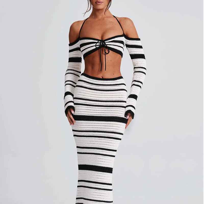 Sexy Women Summer Striped Long Sleeve Halter Top Skirt Two Piece Set for Women