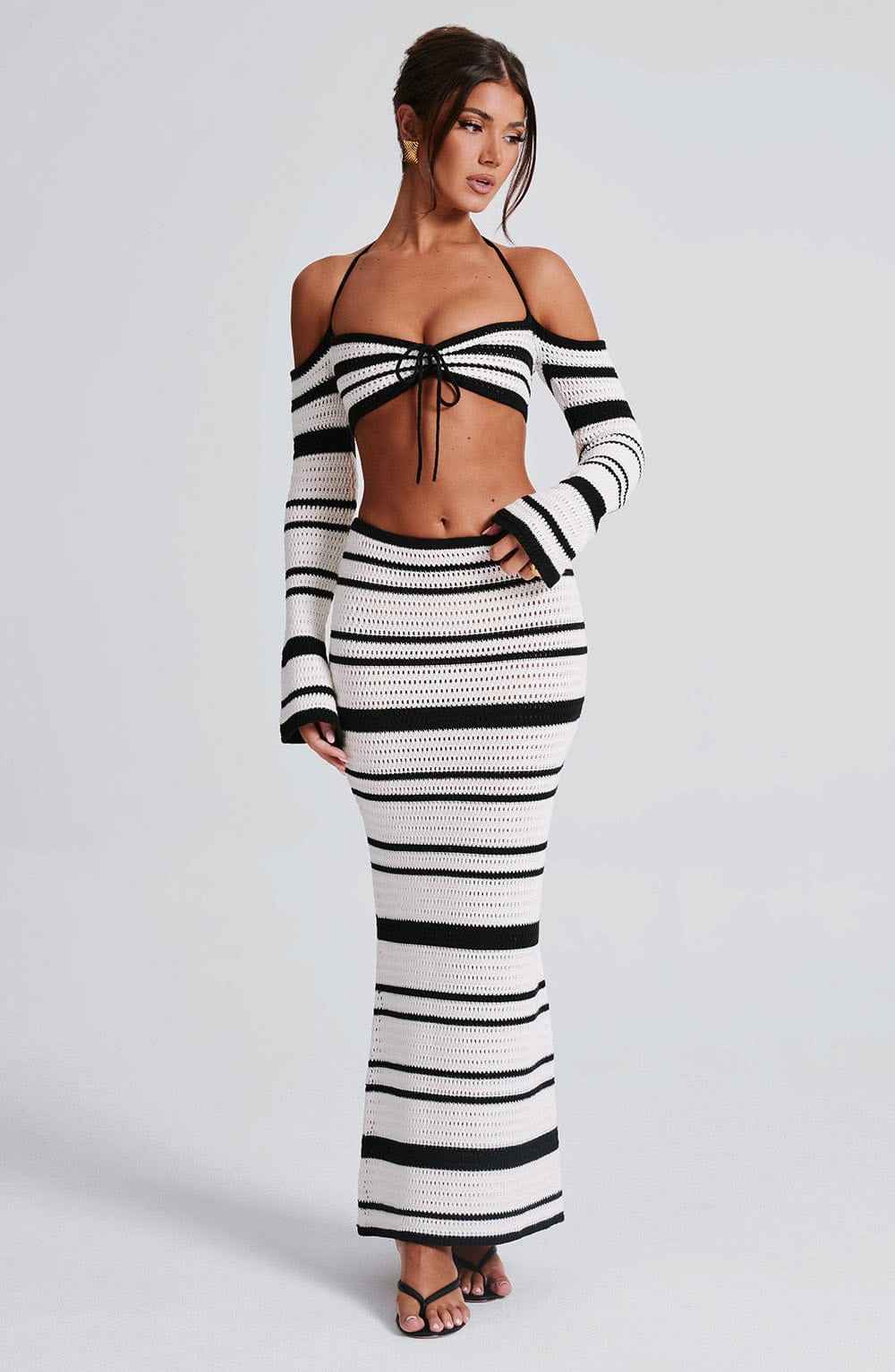 Sexy Women Summer Striped Long Sleeve Halter Top Skirt Two Piece Set for Women