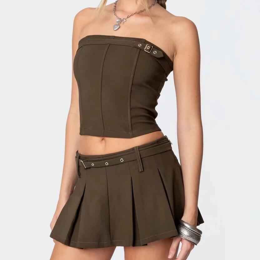 Tube Top with Ornament Top Short Vest Low Waist Anti Exposure Pleated Skirt Sexy Set